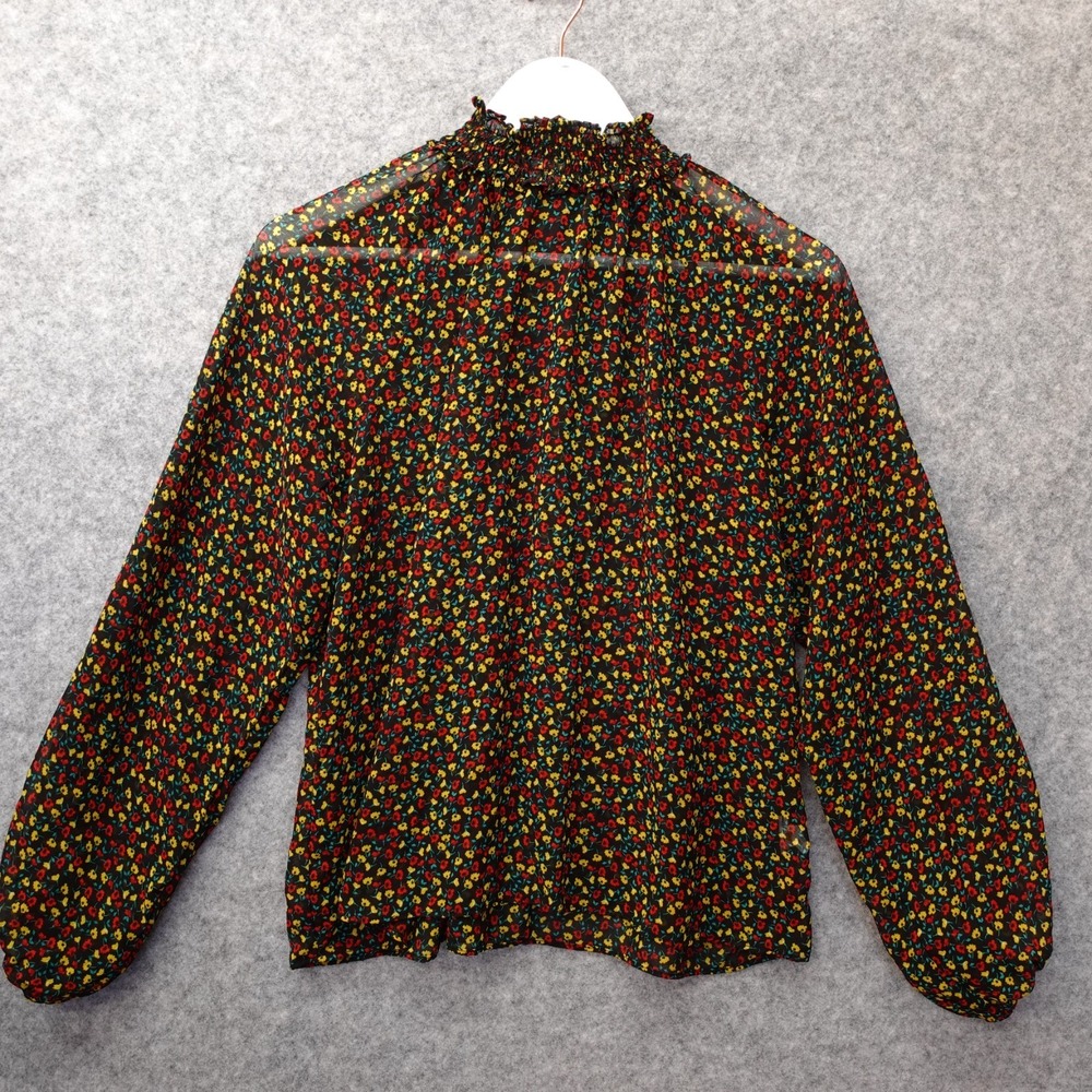 Black Sheer Blouse Womens MEDIUM Floral Smocked Neck Ditsy Boho Whimsigoth GAP